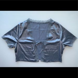 Satin blue tie top with lace trim